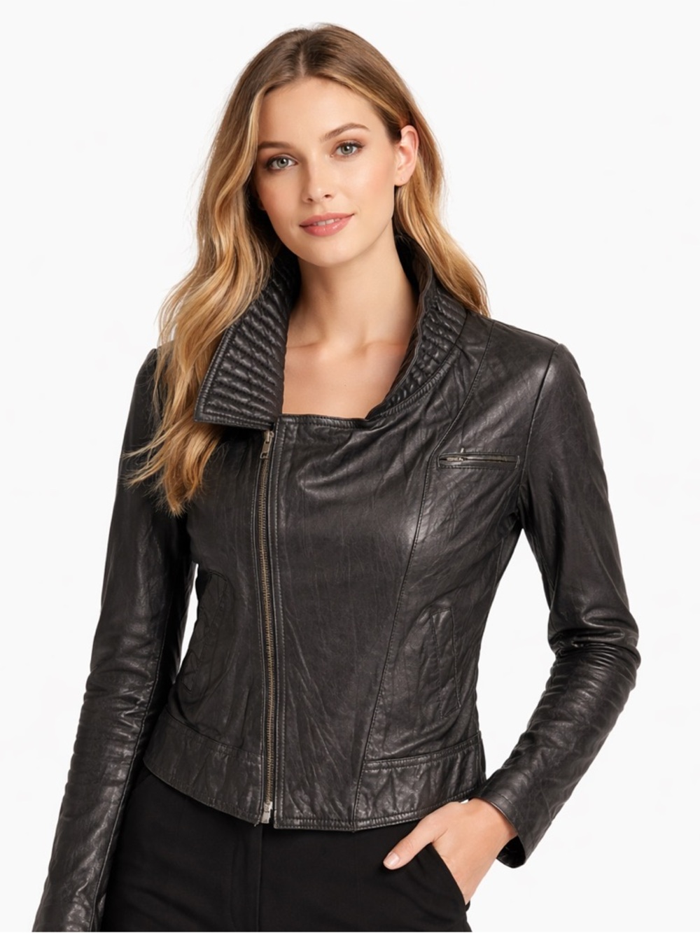 Mike & Chris Black Leather Moto Jacket Quilted Funnel Collar Asymmetrical Zip M